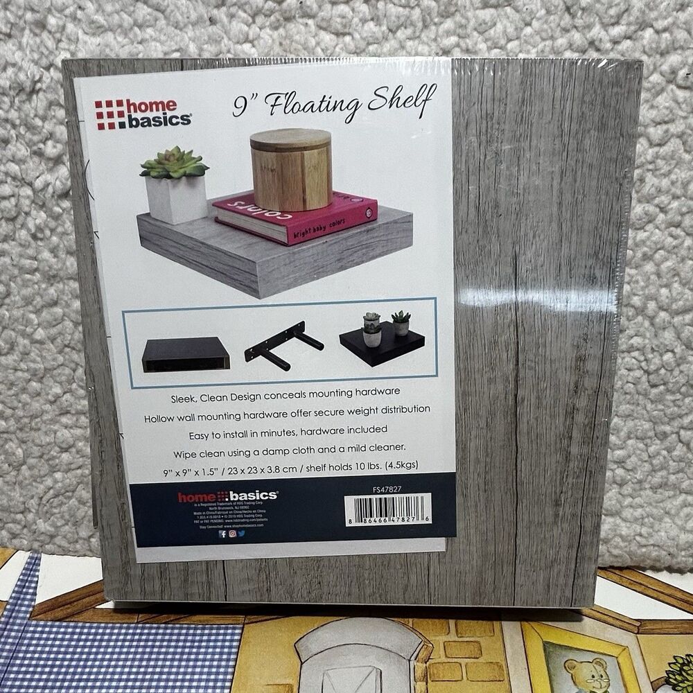 Home Basics 9" Floating Shelf Gray Wood Finish Square Wall Mounted Rack New